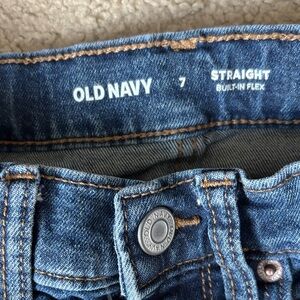 Old Navy Blue Straight Jeans with Brown Stitching